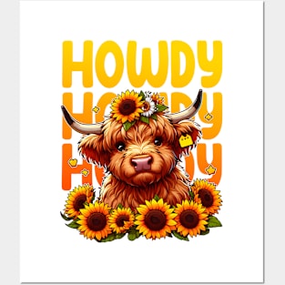 Kawaii Cow Howdy Highland Cow with Sunflowers Posters and Art